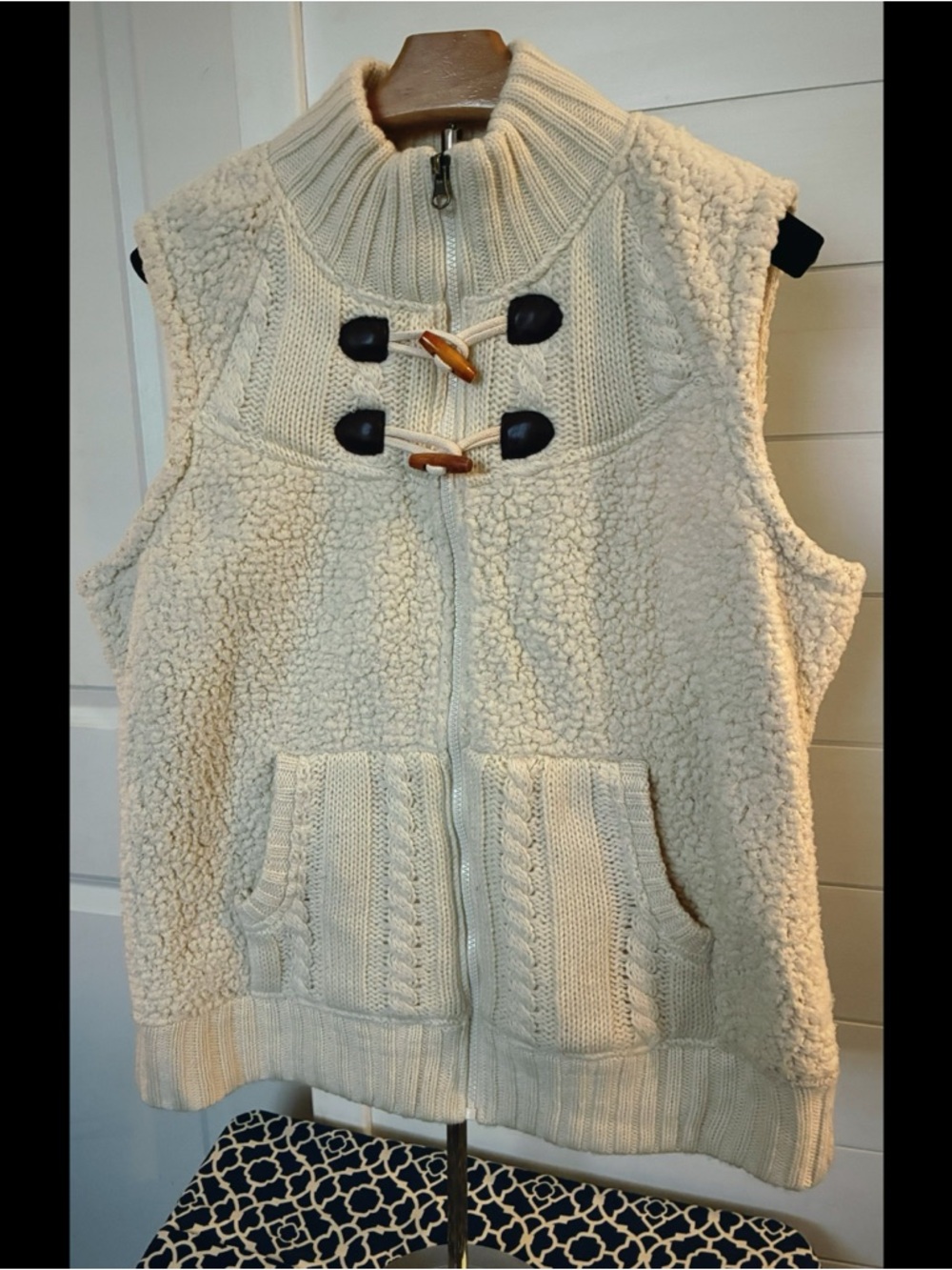Ruff Hewn Cream Sherpa Knit Vest with Toggle Button Details